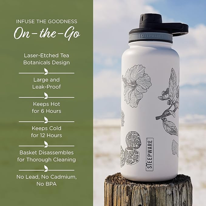 The Tea Spot Himalayan Tea Tumbler - Travel Bottle with Tea Infuser for Loose Leaf Tea or Iced Coffee - 32oz, White-Etched - Double-Walled Insulated Bottle - Keeps Drinks Hot & Cold for Hours - Bloomnest