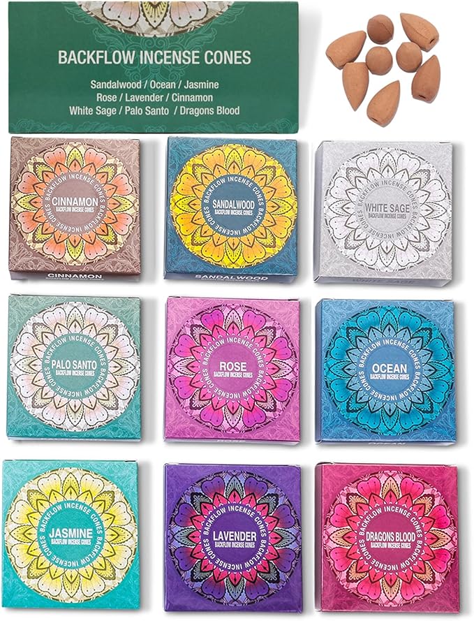 Set of 9 Backflow Incense Cones Gift Variety Pack - White Sage, Dragons Blood, Palo Santo, Jasmine, Lavender, Ocean, Sandalwood, Cinnamon, Rose for Waterfall Aromatic Smoke Fountain Haze Falls FOUCILO