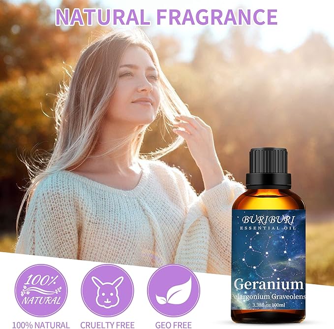 BURIBURI 100ML Geranium Essential Oil, 100% Pure Undiluted Aromatherapy Geranium Oil 3.38fl.oz for Soap, Candle Making, Massage, Diffuser, Humidifier BURIBURI