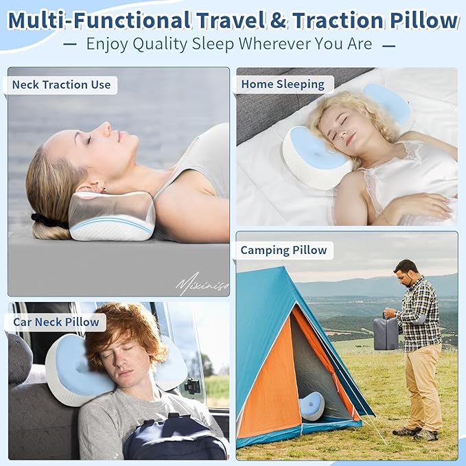 Neck Support Pillow, Small Cervical Neck Roll Pillow Memory Foam, Cervical Traction Device, Premium Neck Bolster Pillow for Side Sleepers, Camping & Travel Pillow with Portable Bag (sky blue) - Bloomnest