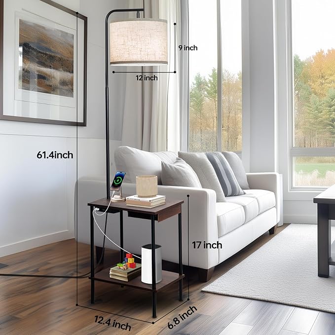 Floor Lamp with Table & Drawers, End Table Lamp with USB Charging Portt Power Outlet and Shelves, Side Table Reading Light with 3 Color Temperature Led Bulb Included for Living Room, Walnut - Bloomnest