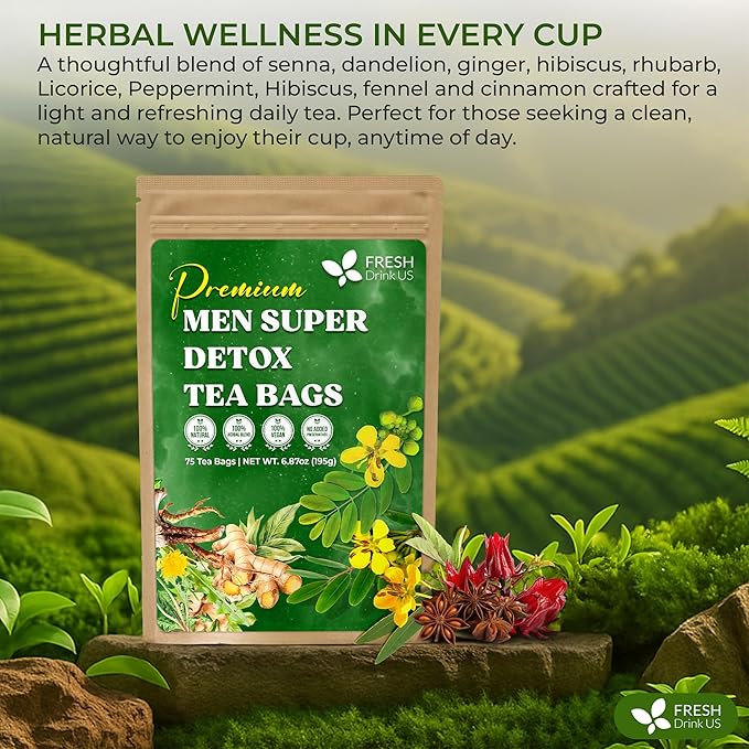 FreshDrinkUS, Premium 135 Tea Bags Men Super Detox Tea – Herbal Blend with Senna, Dandelion Root, Ginger, Peppermint & More – 100% Natural, Sugar-Free. Caffeine-Free. Gluten-Free. Vegan - Bloomnest