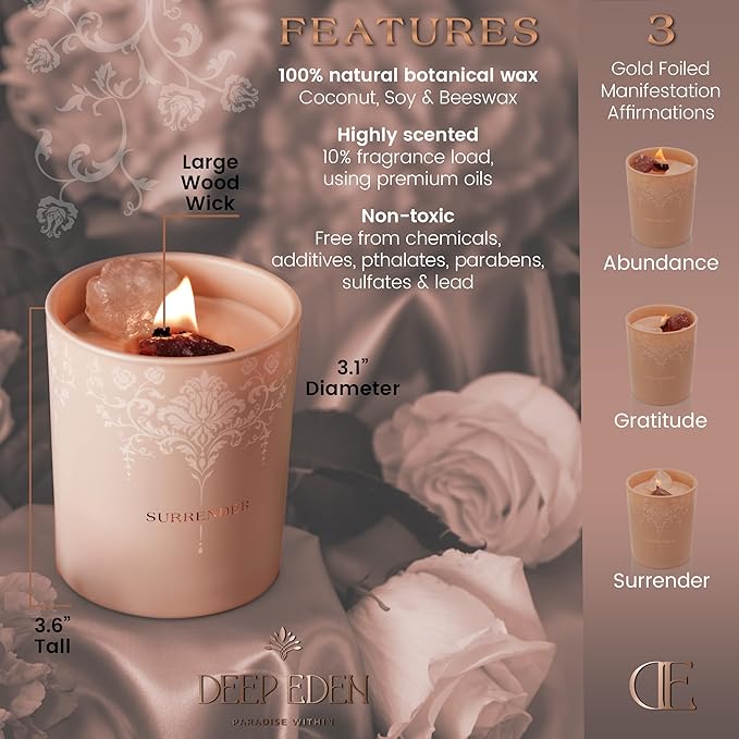 Luxury Crystal Candle for Women - Velvet Rose & Patchouli Scented Aromatherapy Candle - Manifestation Candle with Strawberry and Clear Quartz Crystals -7.4oz Natural Coconut, Soy Wax Wood Wick Candles - Bloomnest