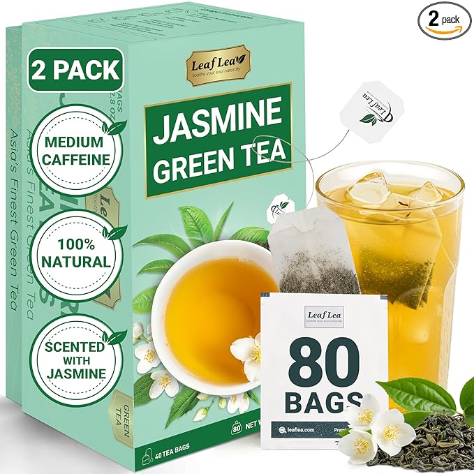 LeafLea 80 Jasmine Green Tea Bags, Green Tea with Natural Jasmine Aroma, Light Focus & Daily Balance, Delicate Floral and Smooth Taste, Caffeinated, Sugar-Free, Non-GMO, Vegan, Individually Wrapped - Bloomnest