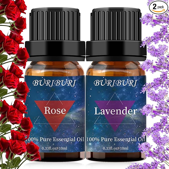 BURIBURI Rose Essential Oil and Lavender Oil for Diffuser, Massage, Candle Making, 100% Pure Fragrance Oil BURIBURI