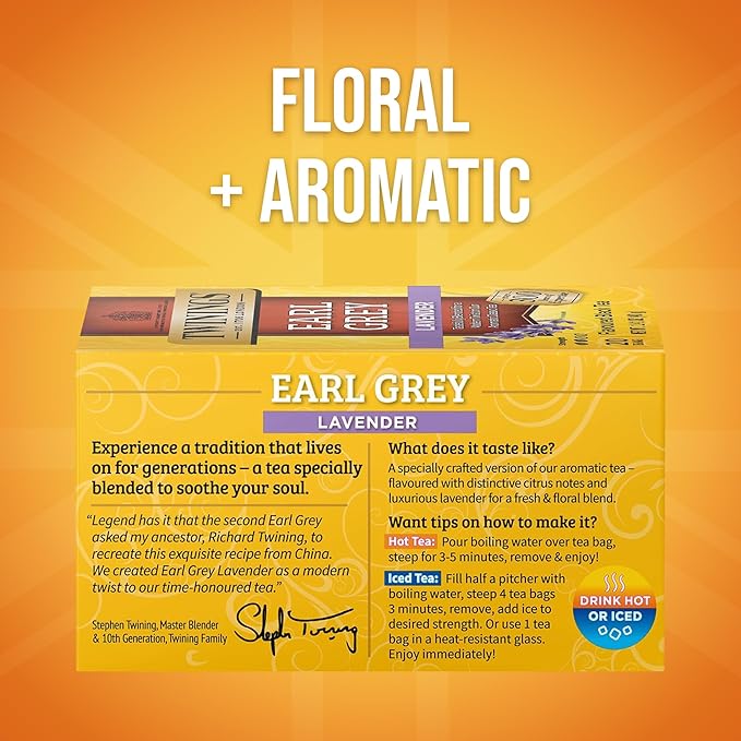 Twinings Earl Grey Lavender Black Tea Individually Wrapped Bags, 20 Count (Pack of 6), Citrus, Bergamot & Floral, Caffeinated, Enjoy Hot or Iced, 120 Teabags - Bloomnest