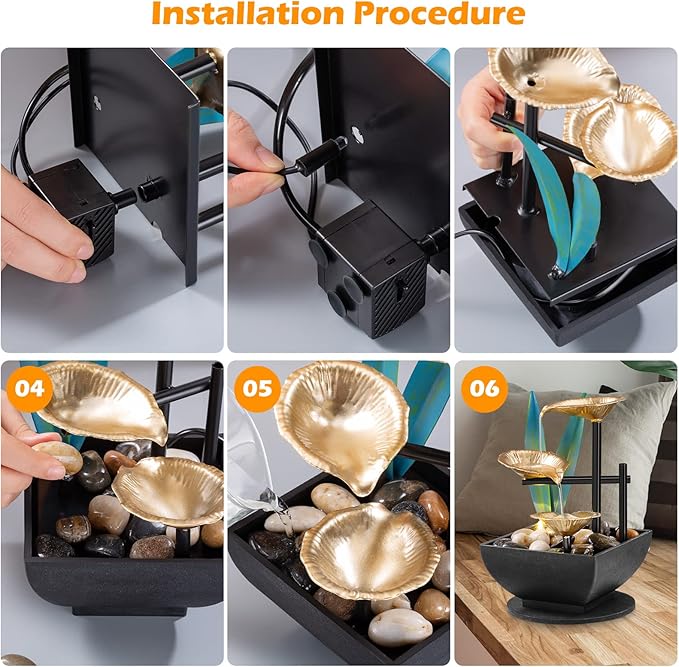 Tabletop Fountain Desktop Fountain 3-Tier Indoor Golden Lotus Leaf Relaxation Fountains Tabletop Waterfall, Office Home Decor Including Lots of Natural River Rocks and Warm Yellow Scene Light - Bloomnest