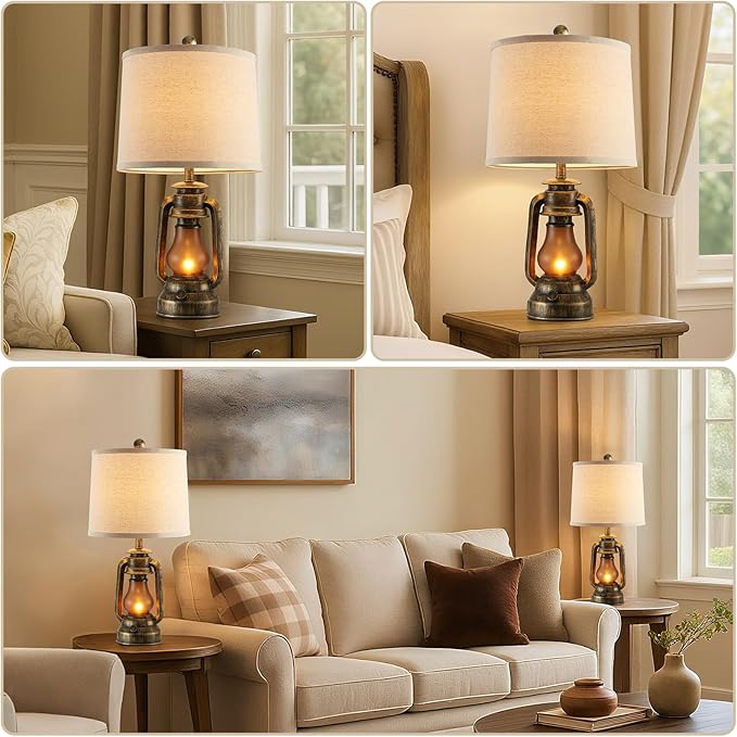 RORIANO Set of 2 Farmhouse Lantern Table Lamps for Living Room with 2 USB Charging Ports, Rustic Vintage Nightstand Lamps with Nightlight for Bedroom End Table Entryway, 4 Bulb Included - Bloomnest