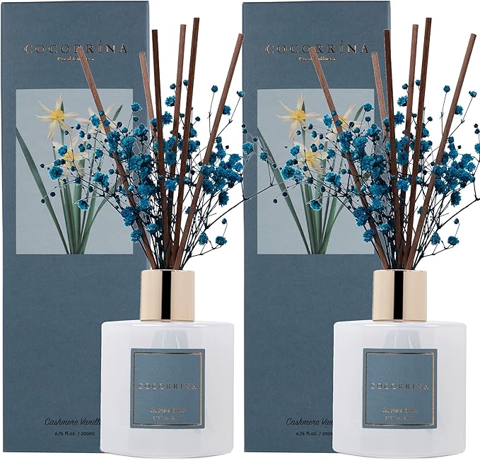 Cocorrína Premium Reed Diffuser Set with Preserved Baby's Breath & Cotton Stick Cashmere Vanilla 2 Packs, 6.7oz Scent Fragrance Oil Diffuser for Bedroom Bathroom Home Décor - Bloomnest