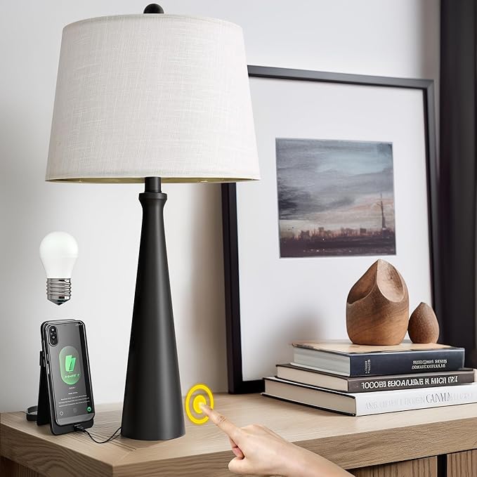 Oneach 25.75" Table Lamps for Living Room, Bedside Lamp 3-Way Dimmable Touch Control, Modern Black Nightstand Lamp with Fabric Shade, Vintage Table Lamp for Bedroom, Bulb Included - Bloomnest