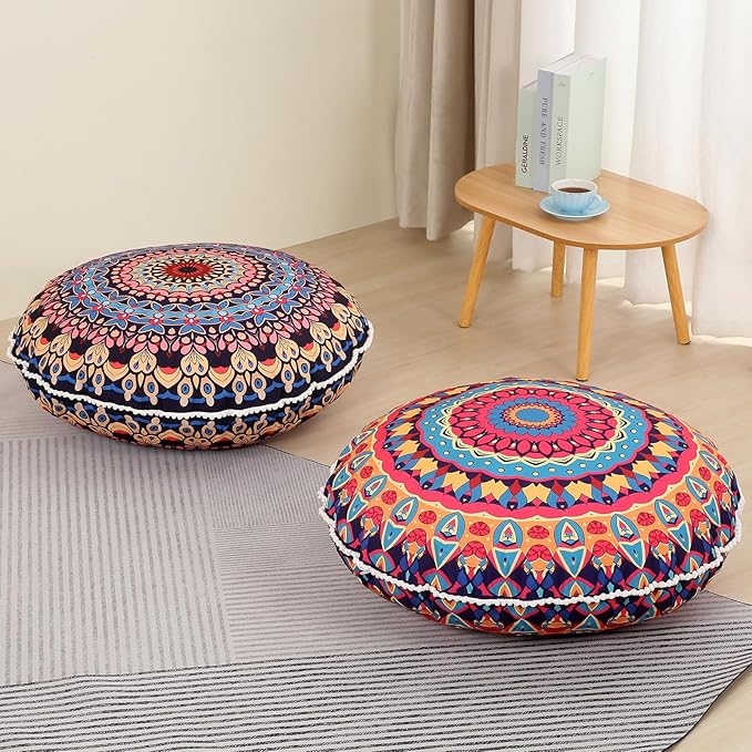 32 inches Meditation Floor Cushion for Adults, 2 Pack Round Large Thick Floor Pillow, Memory Foam Filling, Red