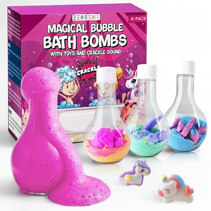 Kids Bath Bombs Powder with Mini Unicorn Inside – Bubble Bath for Kids – Bathtime Experiment Kit Mix - Blast of Foam & Colour Surprise – Gift Set of 4 - Bloomnest