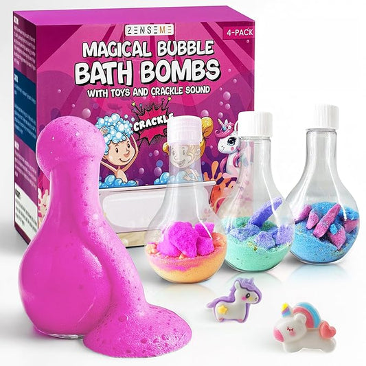 Kids Bath Bombs Powder with Mini Unicorn Inside – Bubble Bath for Kids – Bathtime Experiment Kit Mix - Blast of Foam & Colour Surprise – Gift Set of 4 - Bloomnest