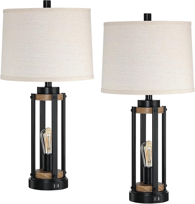 Farmhouse Table Lamps for Living Room Set of 2, 26” Rustic Beside Lamps with USB Charging Ports and Night Light, Bedroom Nightstand Lamp Vintage Reading Lamps for End Table,Bulbs Included - Bloomnest