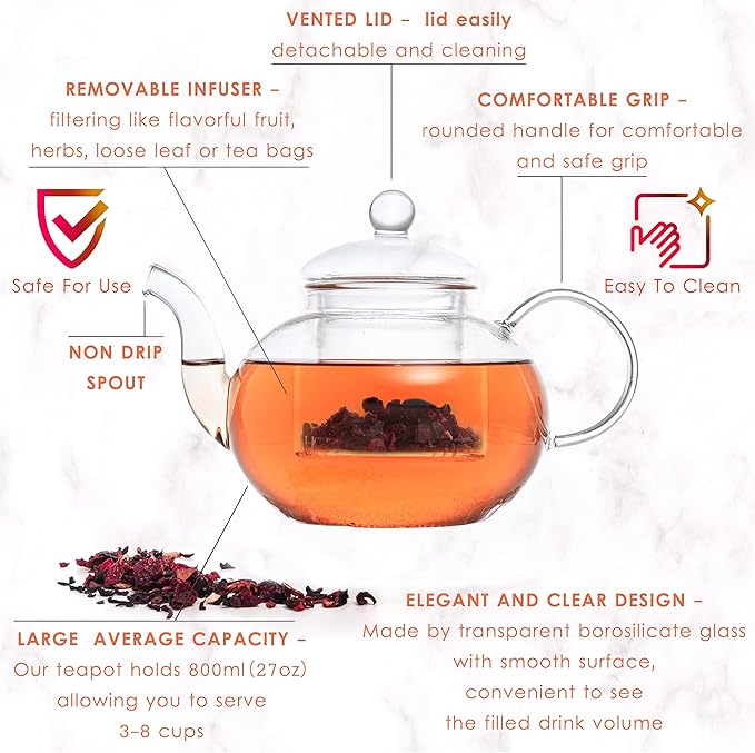 Moss & Stone Glass 27oz Tea Kettle Infuser & 4 Tea Cups Gift Set, Borosilicate Glass Teapot With Removable Glass Strainer & Teacups Of 2.7 oz, Teapot With Strainer Microwave Safe Tea Maker - Bloomnest