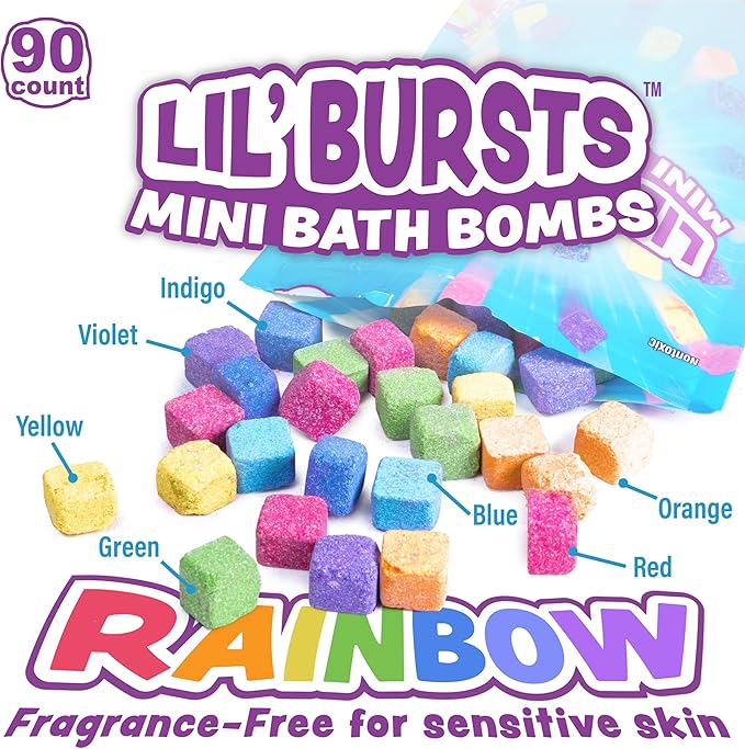 Tub Works® Lil' Bursts™ Mini Bath Bombs for Kids, 90 Count, Rainbow | Nontoxic | Tiny Kids Bath Bombs with A Burst of Color, Foam & Bubbles | Customize Toddler Bath with 7 Colors | Make Bathtub Art - Bloomnest