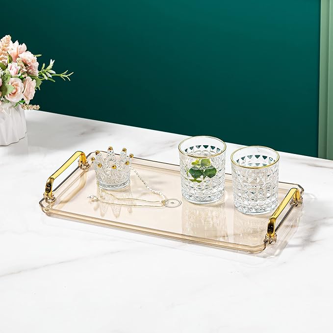 Acrylic Serving Tray with Handles Ottoman Countertop Decorative Spill-Proof Tray for Coffee Table Living Room Bedroom16 x 9 x 0.8 inches (Gray) - Bloomnest