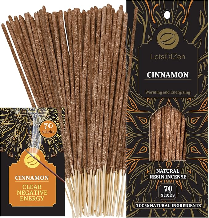Cinnamon Incense Sticks, 70 Pack – Hand-Rolled, 8-Inch, Long-Burning – Natural Warm Sweet Aroma for Meditation, Yoga, Relaxation, Spiritual Practices LotsOfZen
