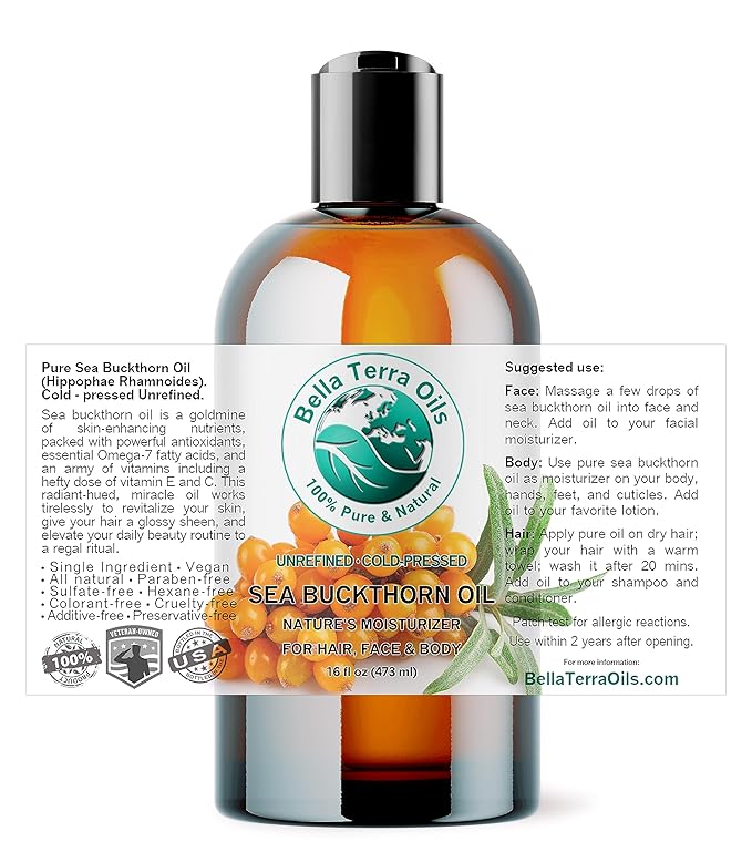 Bella Terra Oils - Sea Buckthorn Oil 16 oz - Capturing the Essence of Organic Sea Buckthorn Berries, Loaded with Omega-7 & Omega-9, A Sumptuous Embrace for Skin - Bloomnest