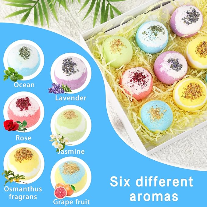 Bath Bombs for Women, USIN Natural Bubble Bath Balls Gift Set, Pack of 12 Pcs Multiple Bath Bomb, SPA Relaxing, Self Care, Gifts for Women, Men, Girls, Boys, Natural Flower Petals, 3.53 Oz Large Size - Bloomnest