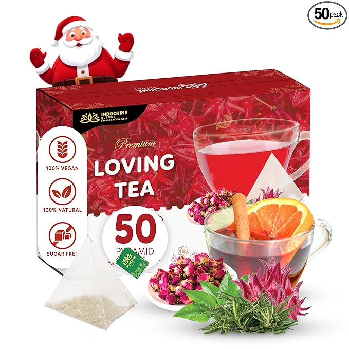 Indochine Blends Loving Tea | Hibiscus Tea Bags | Hibiscus & Organic Rosemary, Black Tea, Rose | Sugar-Free, Caffeine-Free Herbal Tea for Relaxation | 4.4 oz | 50 Corn-Fiber Pyramid Bags - Bloomnest