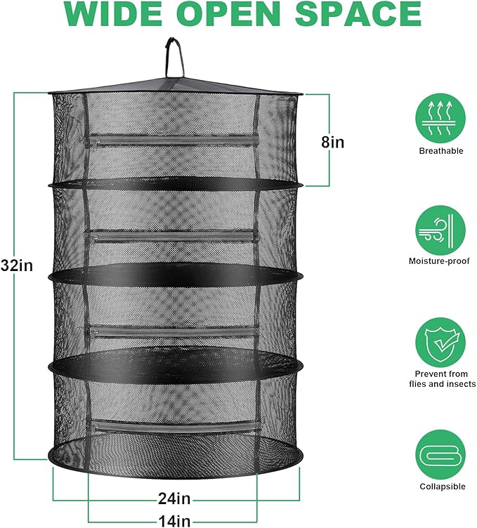 Herb Drying Rack Net Mesh with Black Zippers Hydroponics, Bonus Hook Scissor Drying Rack 2ft for Plant Bud Seed, Mesh Hanging Plant Dry, Herb Dry Net for Garden (4 L, Black Zipper) - Bloomnest