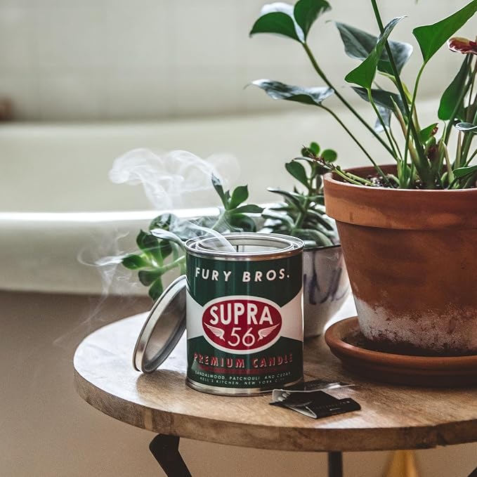Fury Bros. Scented Candles for Men | Supra 56 | Sandalwood Patchouli Cedar | Natural Soy Wax | Hand-Poured in The USA | Long 70-80 Hour Burn (12.5 oz) | Vintage-Inspired Tin Design | Dad Home Gift - Bloomnest