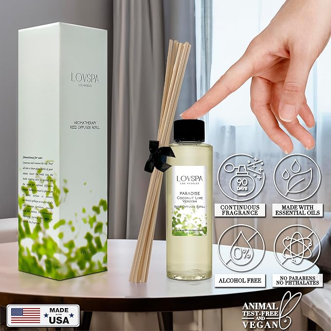 LOVSPA Paradise Coconut Lime Verbena Diffuser Oil - Luxury Essential Oils for Diffuser Refill & Air Freshener Room Spray - Long-Lasting Home Fragrance, Scented Oil for Diffusers, USA Made, 4oz - Bloomnest