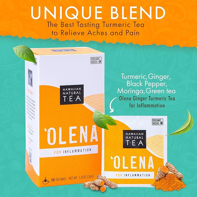 Olena Turmeric Tea, Herbal Green Tea Blend, All-Natural and Antioxidant-Rich For Wellness with Ginger and Black Pepper, Vegan and Keto-Friendly, 20 Bags - Hawaiian Natural - Bloomnest