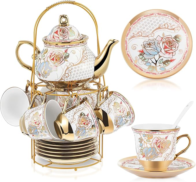 Zhehao 20 Pcs Porcelain Tea Set with Metal Holder and Spoon Adult Ceramic Tea Set European Flower Painting Teapot Cup Saucer Spoon for Women, Large Version(Minimalist Style) - Bloomnest