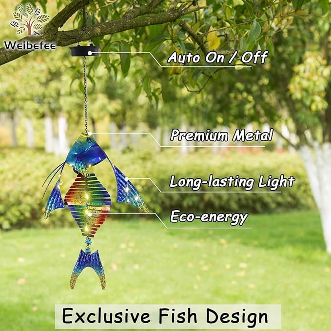 Fish Solar Outdoor Lights Hanging Lanterns Metal Decorative Lights for Backyard Porch Patio Yard Balcony Teepee Lawn Pathway… - Bloomnest