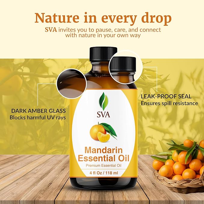 SVA Mandarin Essential Oil – 4 Fl Oz – 100% Natural Mandarin Oil - for Diffuser, Hair Care, Face, Skin Care, Aromatherapy, Scalp and Body Massage, Soap and Candle Making – with Dropper - Bloomnest