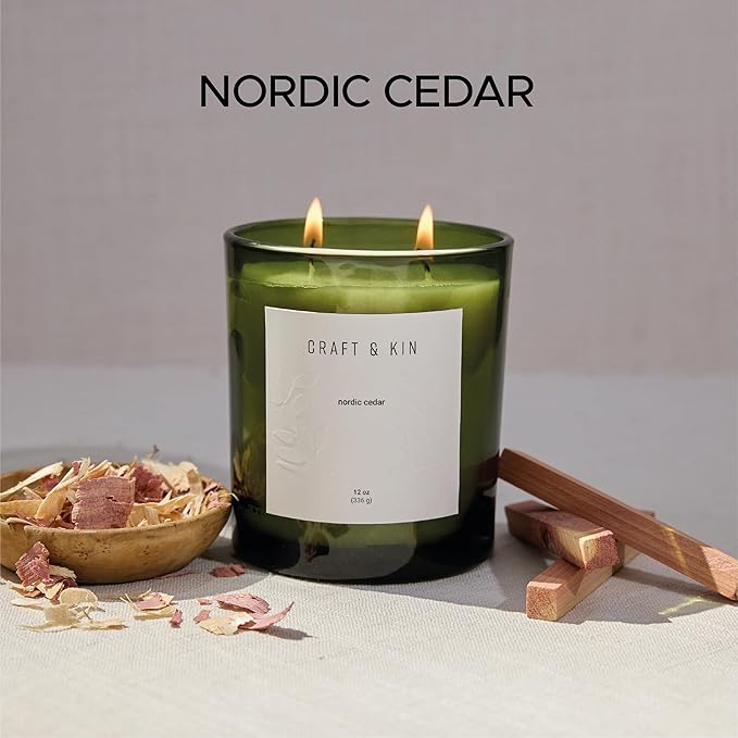 Craft & Kin Green Christmas Scented Candles | 12oz Premium Nordic Cedar Scented Candles for Men | Made with Natural Soy | Holiday Candle Gifts for Men and Women | Nature Collection - Bloomnest