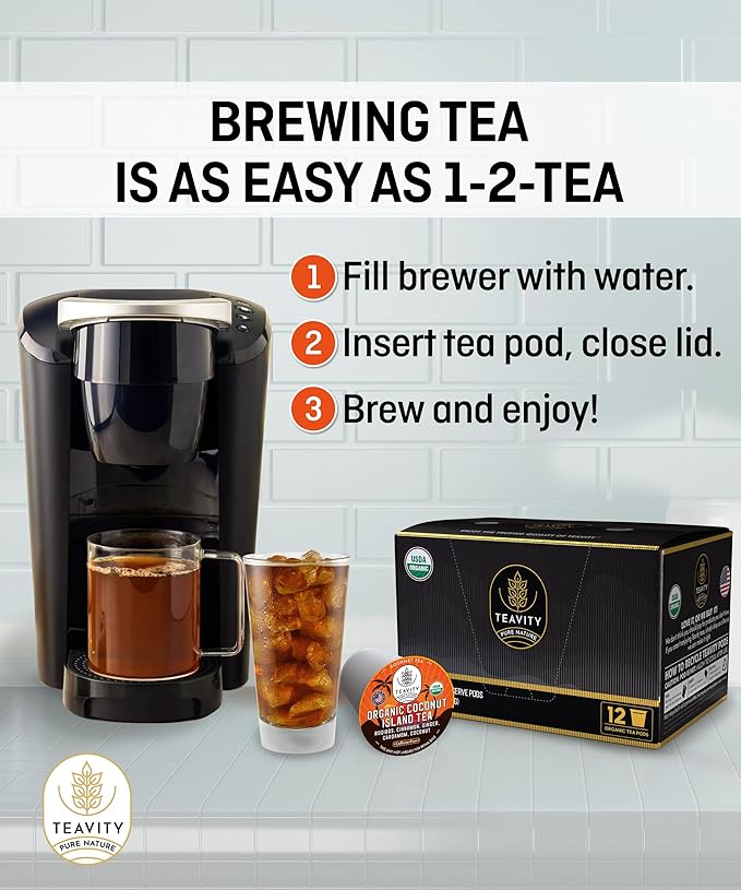 TEAVITY Organic Coconut Island Tea Pods | Recyclable Single-Serve Tea Pods Compatible with Keurig K-Cup 2.0 Brewers | Certified USDA Organic | 36 Count (Pack of 1) - Bloomnest
