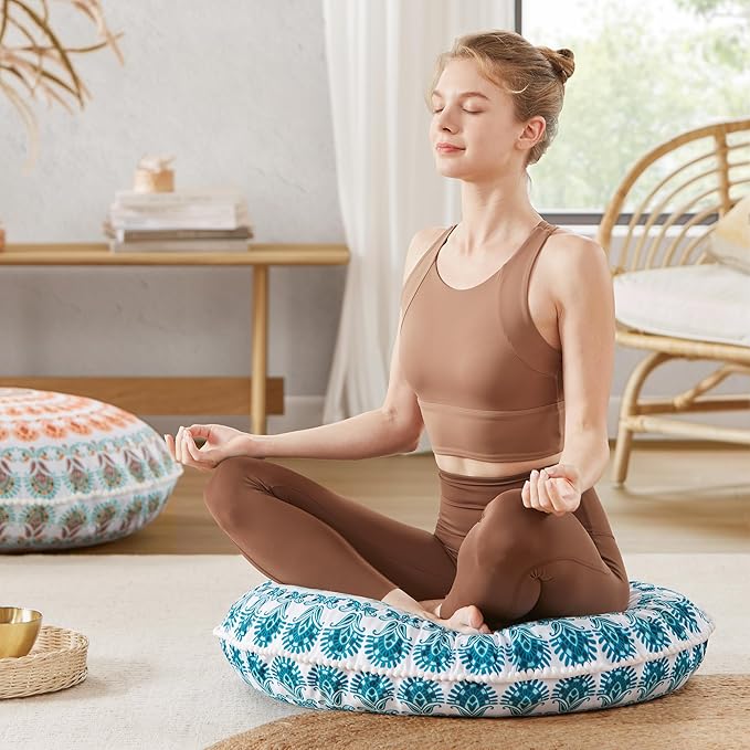 Codi Meditation Floor Pillow, Round Large Pillows Seating for Adults, Bohemian Mandala Circle Cushion for Outdoor Fireplace Yoga Living Room, 32 Inch, Memory Foam Added, Aqua - Bloomnest