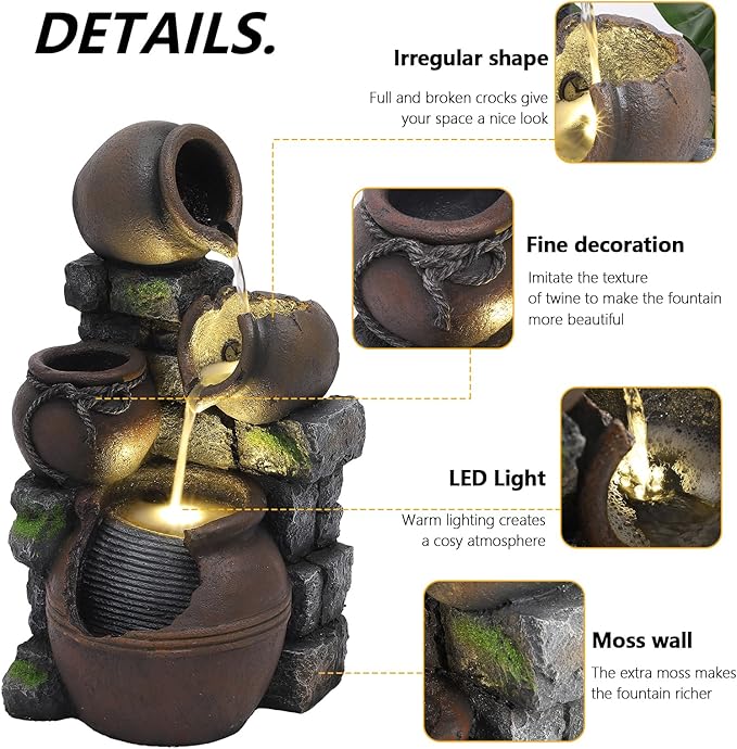 TITIMO Outdoor Water Fountain with Flower Pot and Lights - Cascading Pitchers Farmhouse Fountains and Waterfalls, Garden Fountain Patio Decor, Waterfall Fountains Indoor and Outdoor - Bloomnest