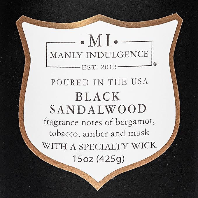 Manly Indulgence Black Sandalwood Scented Candle for Men 15 oz – Bergamot, Tobacco, Amber & Musk - Wood Wick - Up to 60 Hours Burn - Soy Blend Wax, USA Poured – Signature Collection - Bloomnest