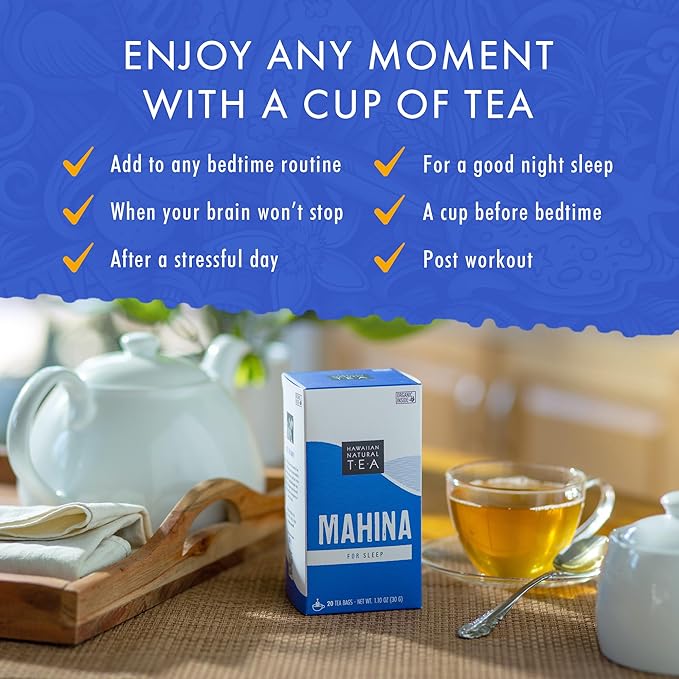 Hawaiian Natural Tea Organic Mahina Chamomile Tea with Passionflower & Valerian Root - Caffeine Free, Herbal, Antioxidant-Rich, For Calming, Wellness, Bedtime, Anxiety & Stress - 60 Bags - Bloomnest