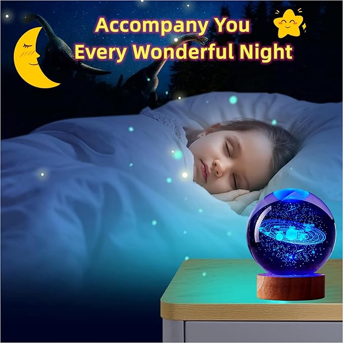 3.15 inch Solar System Crystal Ball lamp,3D K9 Crystal Ball Night Light with Wooden Base,16 Colors Change with Remote Control,Galaxy Light,Birthday Gift for Friends (Solar System) - Bloomnest