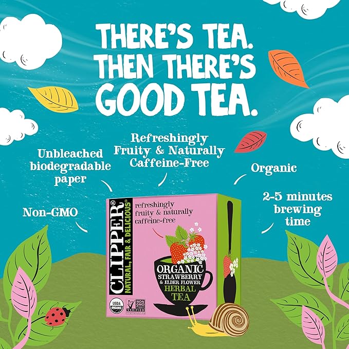Clipper Tea Organic Strawberry & Elderflower Herbal Tea – 50 Count (Pack of 1) – Caffeine Free & Non-GMO – Unbleached, Plastic-Free Tea Bags – Delicious Hot or Iced Fruit Infusion - Bloomnest