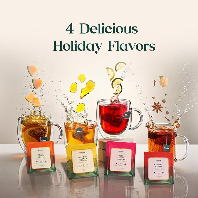 Teaniru, Green Tea Collection - Assorted Tea Sampler | 4 Flavored Green Tea - 28 Individual Sachets | Brew Hot or Cold - Bloomnest