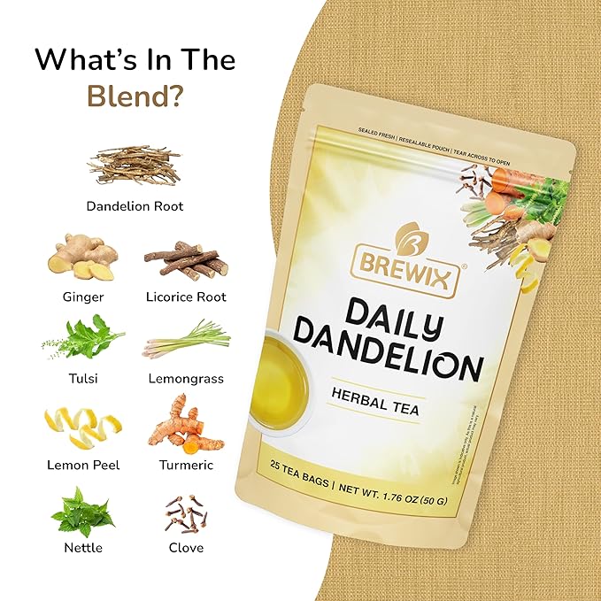 BREWIX, Dandelion Root Detox Tea (25 Pyramid Tea Bags) Caffeine-Free Herbal Blend with Ginger, Tulsi & Turmeric | Supports Liver Health & Gentle Cleanse | Natural & Refreshing | Direct from Source - Bloomnest