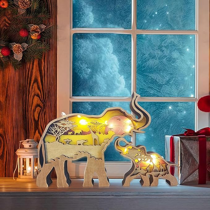 3D Wood Carving Animals Lamp Home Decorative, Cute Bear Family Elephant Presents Ideas Christmas Living Room Office Decor Warm LED Night Lights Gift for Friend Daughter Son Mom Dad (Elephant) - Bloomnest