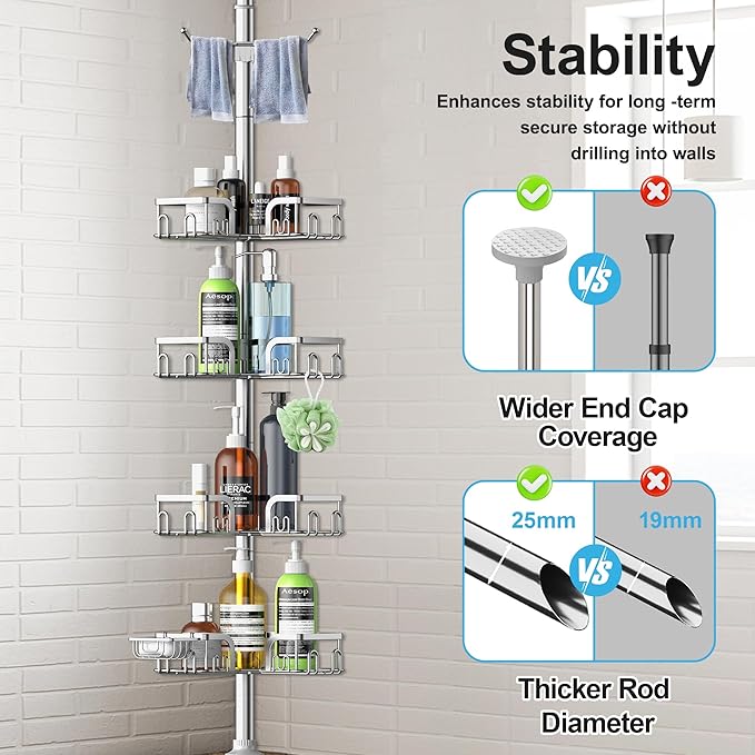 Corner Shower Caddy Tension Pole 4 Tier Adjustable Stainless Steel Shower Shelf for Inside Shower Bathtub Shampoo,Standing Bathroom Organizer Shelves with 39 to 113 inch Height - Bloomnest