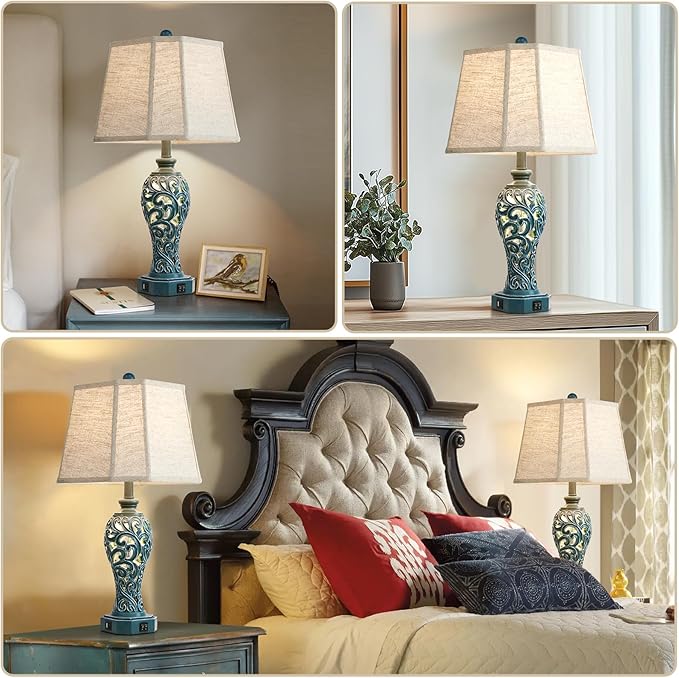 25'' Farmhouse Table Lamps Set of 2 for Living Room Bedroom, 2 USB Ports Coastal Vintage Table Lamp with Nightlight, Blue Green Hollow Out Resin Lamp for End Table (Bulbs Included) - Bloomnest