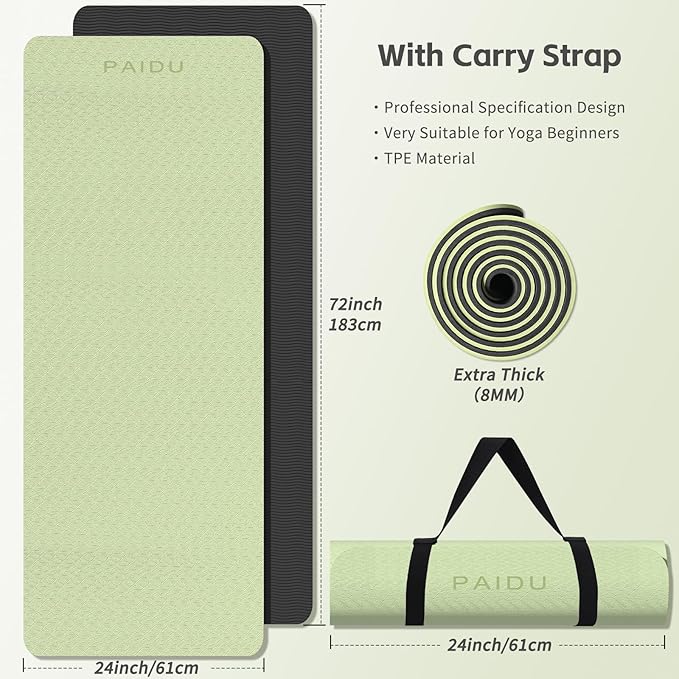 Yoga Mat 8mm Super Thick TPE Fitness Mat | SGS Certified | Non-Slip, Odorless & Tear-Resistant | Unisex with Strap | for Yoga, Pilates, Meditation & （Green&Black） - Bloomnest