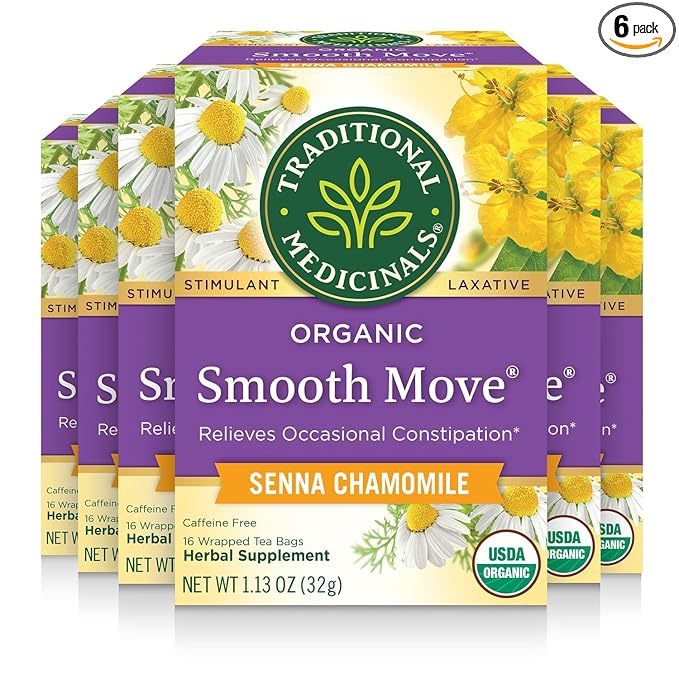 Traditional Medicinals Organic, Smooth Move Tea, Chamomile & Senna - Helps Relieve Constipation Overnight - Kosher, Non-GMO, Caffeine-Free, Compostable - 96 Tea Bags (6 Packs of 16) - Bloomnest