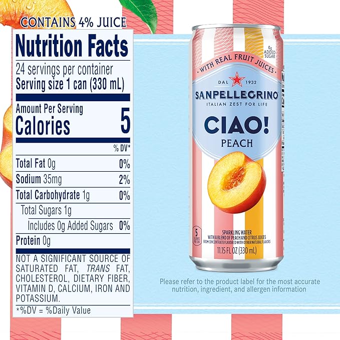 Sanpellegrino CIAO Peach Sparkling Water, Low-Calorie Italian Sparkling Water with Real Fruit Juices, 0g Added Sugar, 24-Pack - Bloomnest