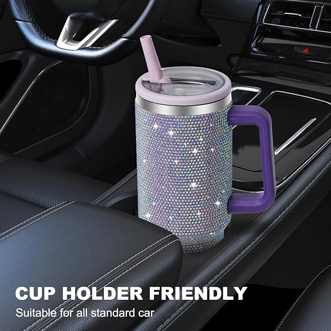 40 oz Tumbler with Handle and Flip Straw Lid, Insulated Leak Proof Double Walled Stainless Steel Rhinestone Diamond Studded Bling Travel Mug Tumblers, Maintains Cold Ice and Heat for Hours - Bloomnest
