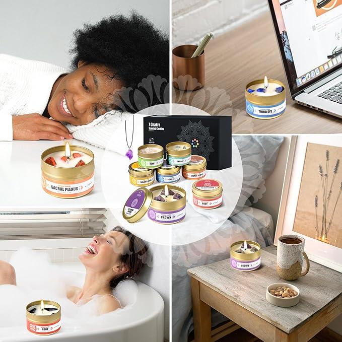 AOOVOO Chakra Candles with Healing Crystals - 7 Chakra Candle Set, Spiritual Gifts for Women, Aromatherapy Candle, Soy Candles for Women - Bloomnest